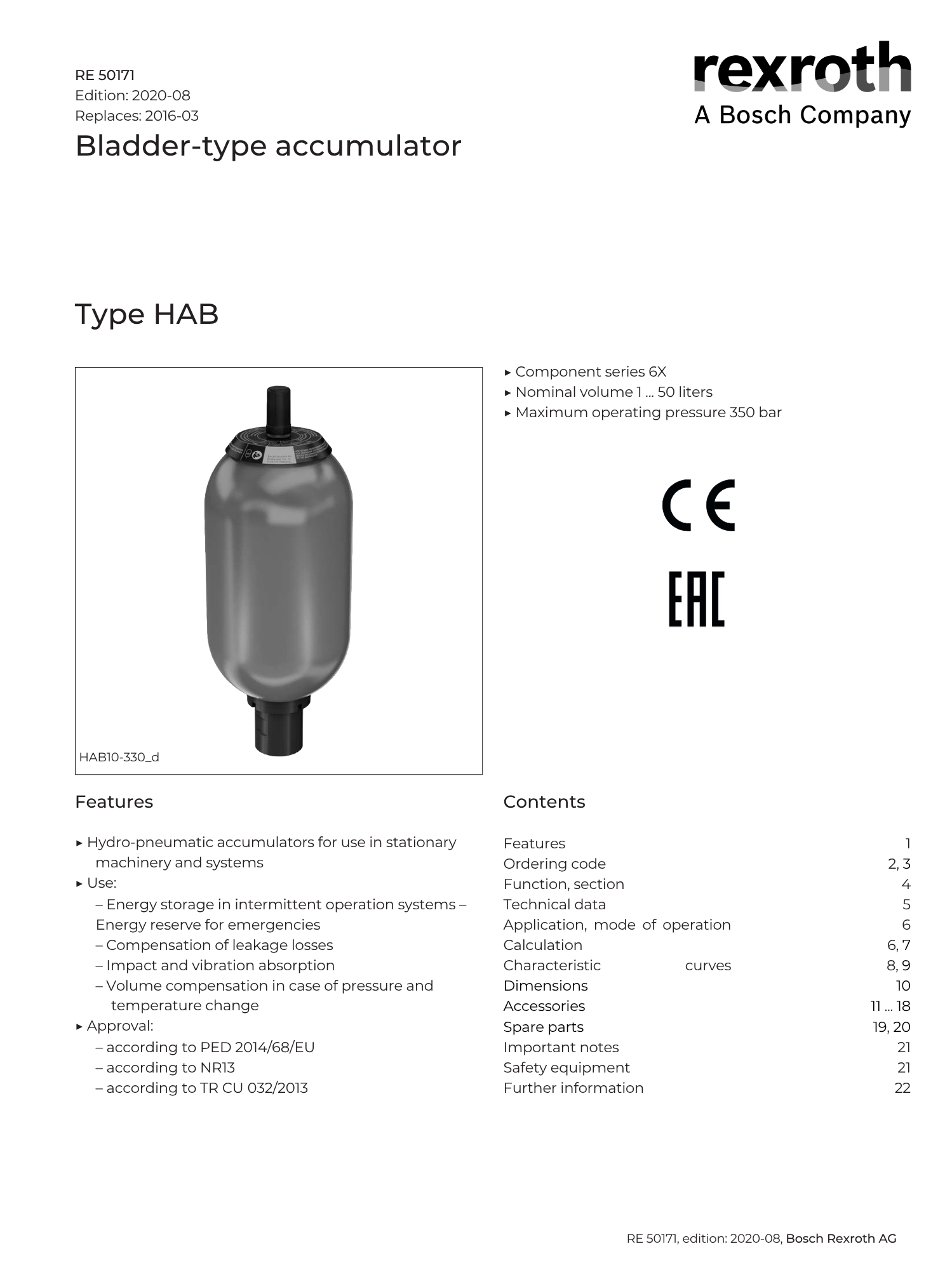 Portada catálogo bosch rexroth acumuladores hidroneumáticos re50171