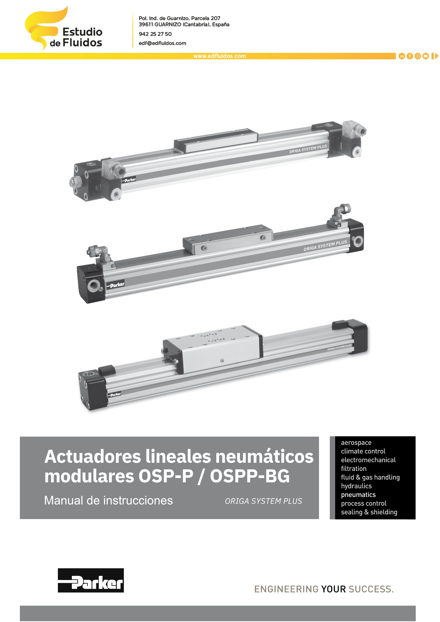 Portada catálogo parker actuadores lineales neumáticos modulares origa OSP-P / OSPP-BG