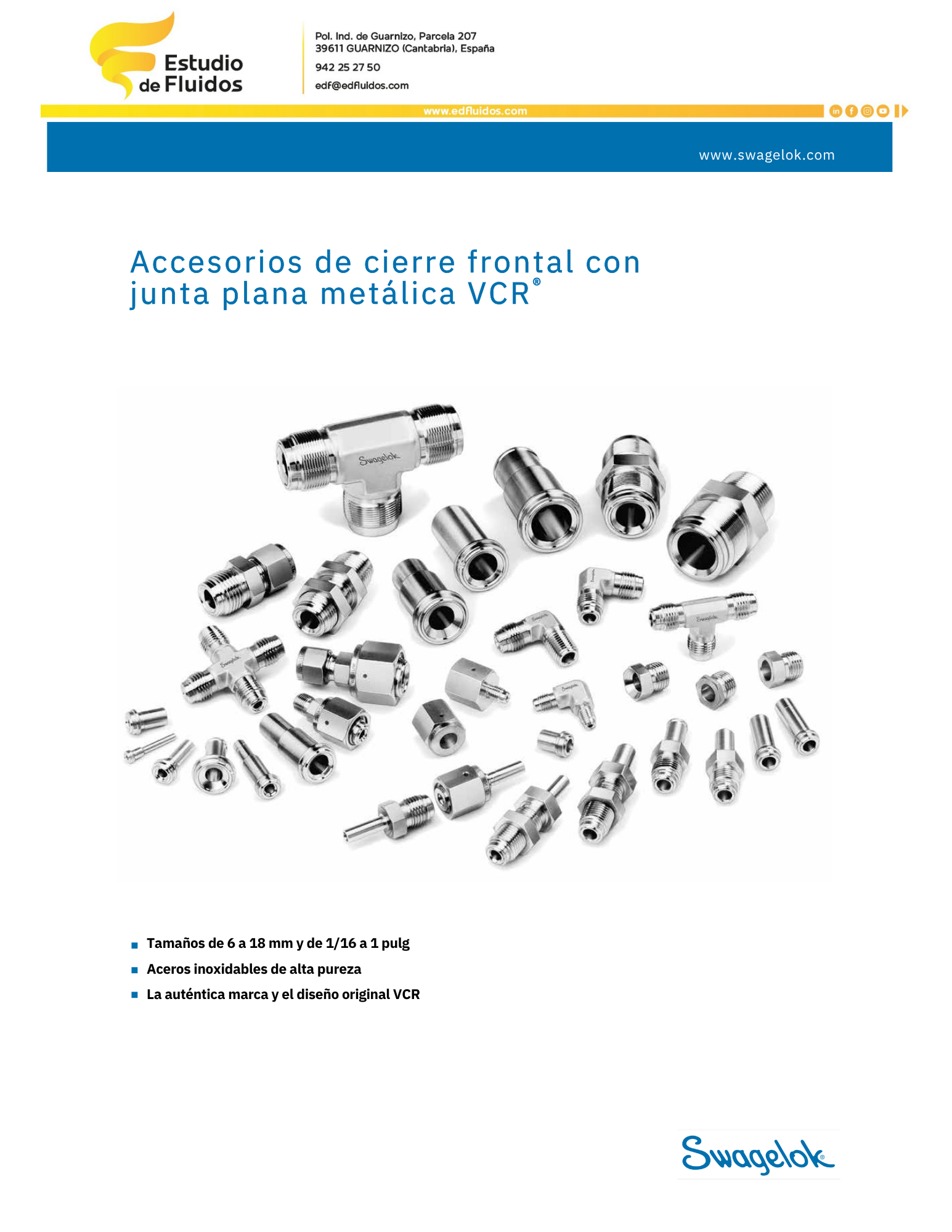 Portada catálogo swagelok racores VCR metálico accesorios de cierre frontal con junta plana metálica VCR